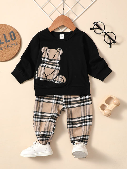 Baby Boy Bear Embroidery Plaid Pullover & Sweatpants