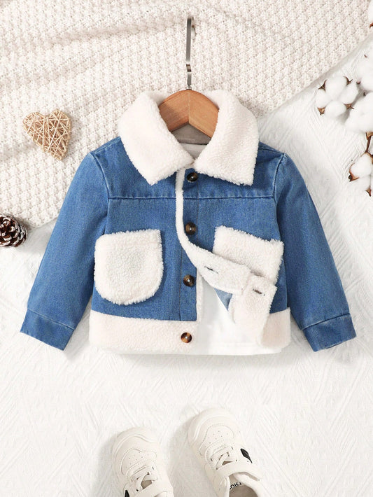 Baby Boy Borg Collar Teddy Lined Denim Jacket Without Bag