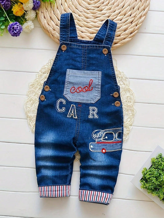 1pc Baby Boy Denim Overalls With Letter Embroidery For Spring/Autumn